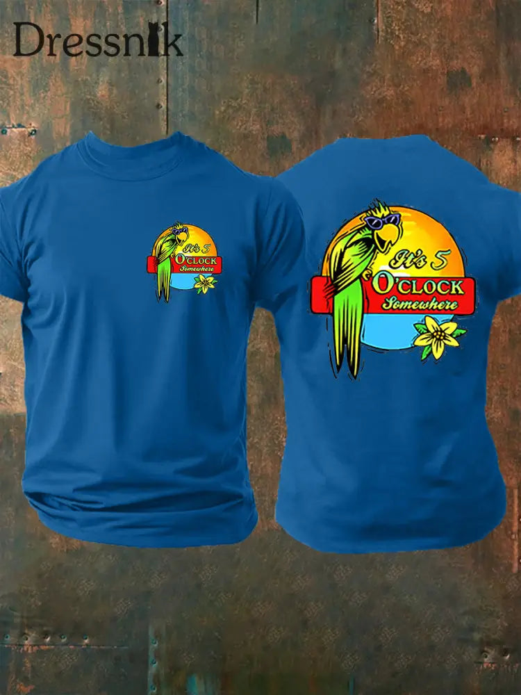 Herren Es ist 5:00 Irgendwo immer Happy Hour Paradise Parrot Print Casual Kurzarm T-Shirt Blau / S