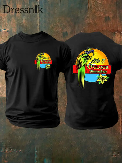 Herren Es ist 5:00 Irgendwo immer Happy Hour Paradise Parrot Print Casual Kurzarm T-Shirt Schwarz / S