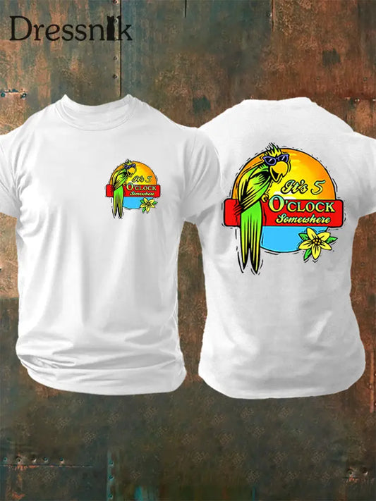 Herren Es ist 5:00 Irgendwo immer Happy Hour Paradise Parrot Print Casual Kurzarm T-Shirt Weiß / S