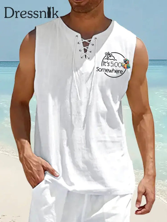 Herren Es ist 5 Uhr Irgendwo Parrot Print Casual Schnürung Baumwolle ärmelloses Hemd Weiß / S