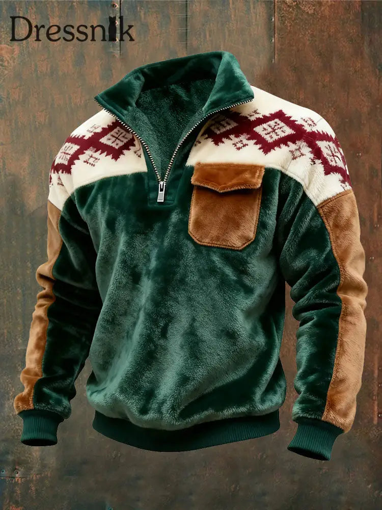 Herren Flanell Reiß verschluss Pullover Dunkelgrün / S