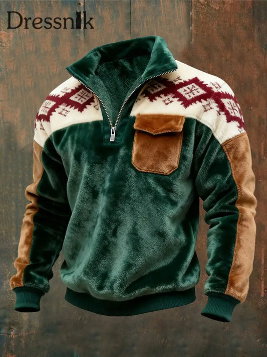 Herren Flanell Reiß verschluss Pullover Dunkelgrün / S