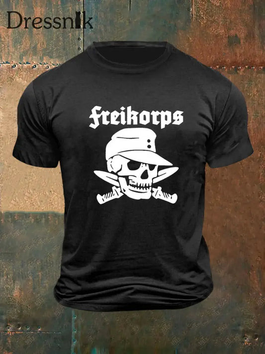 Herren-Freikorps-Print-T-Shirt Kurzarm in Vintage-Mode Schwarz / S
