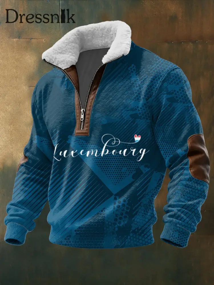 Herren Gemütliche blaue Luxemburger Skript Grafik Sherpa Hoodie mehrfarbig / S