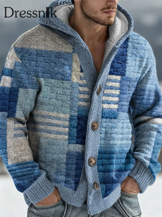 Herren Geometrische Kunst Kapuzen strickjacke blau / S
