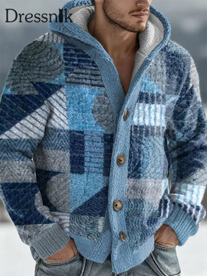 Herren Geometrische Kunst Kapuzen strickjacke blau / S