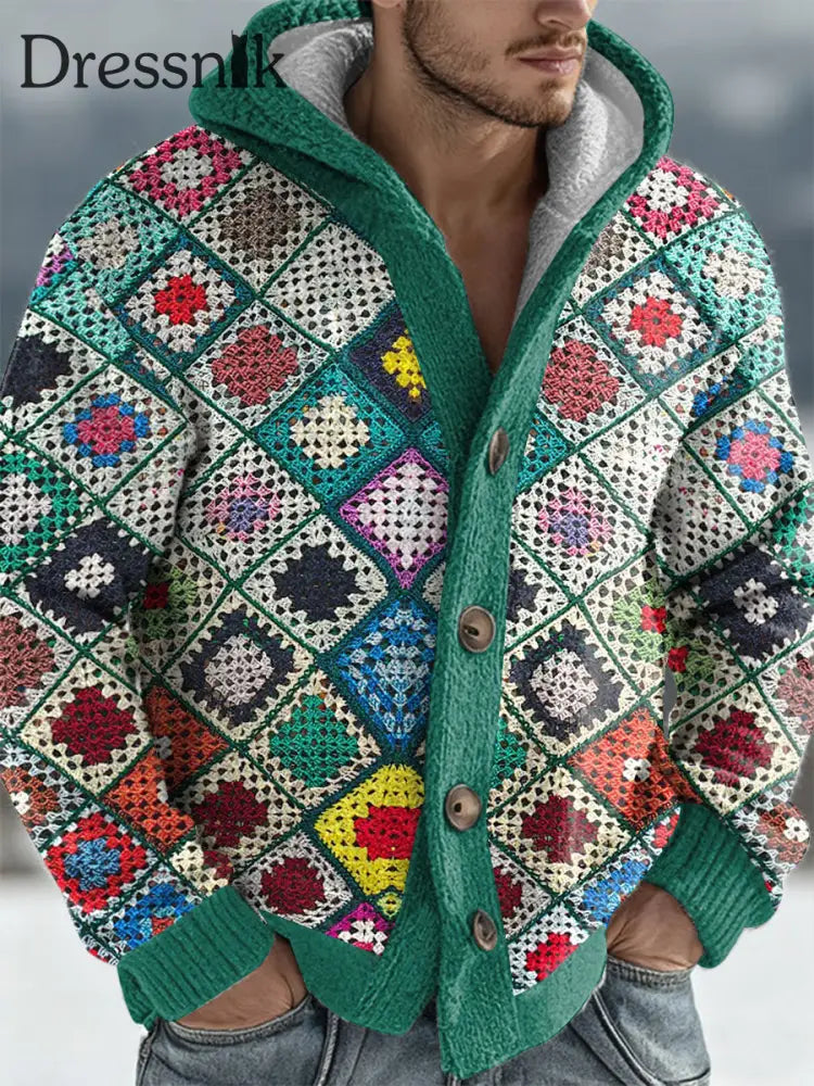 Herren Geometrische Kunst Kapuzen strickjacke Cyan / S