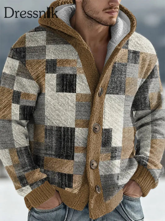 Herren Geometrische Kunst Kapuzen strickjacke hellbraun / S
