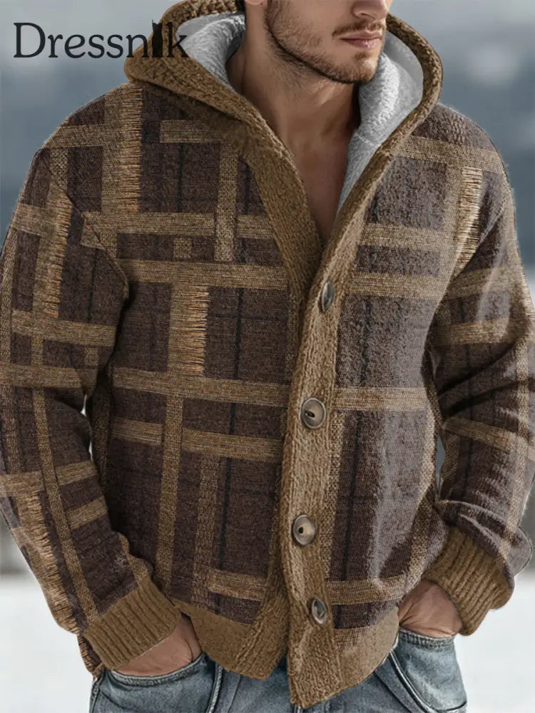 Herren Geometrische Kunst Kapuzen strickjacke Kaffee / S