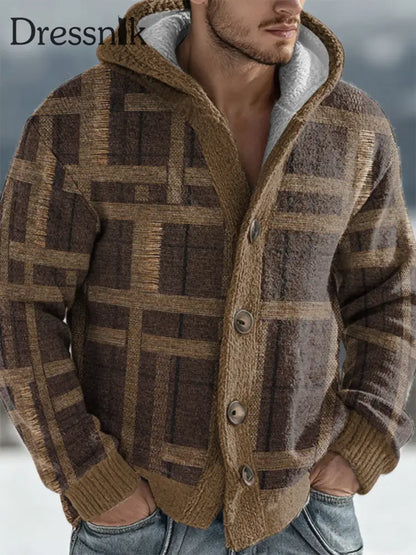Herren Geometrische Kunst Kapuzen strickjacke Kaffee / S