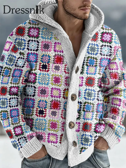 Herren Geometrische Kunst Kapuzen strickjacke Weiß / S