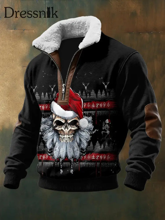 Herren Gothic Santa Claus Bedruckt Langarm Stand Up Kragen Lambhaar Reiß verschluss Top Schwarz / S