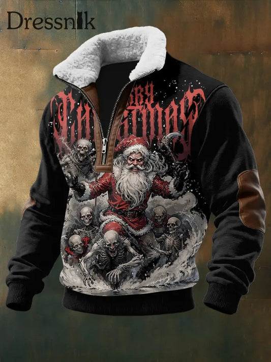 Herren Gothic Santa Claus Bedruckt Langarm Stand Up Kragen Lambhaar Reiß verschluss Top Schwarz / S