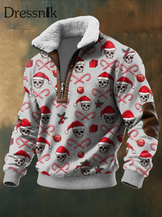 Herren Gothic Weihnachts schädel Bedruckt Langarm Stand Up Kragen Lambhair Zipper Top Grau / S