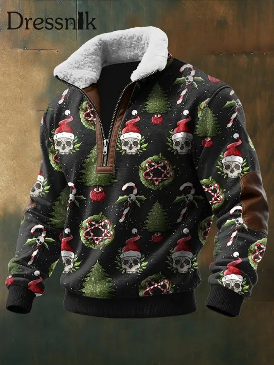 Herren Gothic Weihnachts schädel Bedruckt Langarm Stand Up Kragen Lambhair Zipper Top Schwarz / S