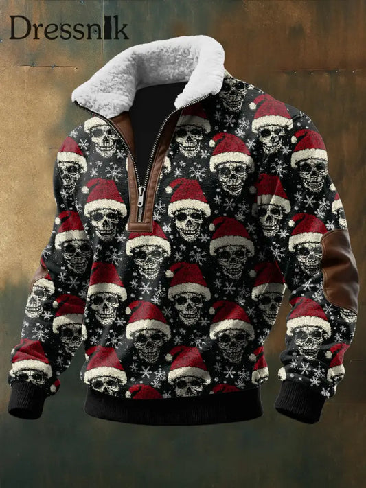 Herren Gothic Weihnachts schädel Bedruckt Langarm Stand Up Kragen Lambhair Zipper Top Schwarz / S