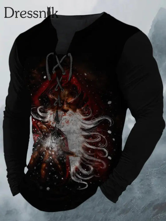 Herren Gothic Weihnachts zauber Weihnachts mann Druck Schnürung V-Ausschnitt Langarm Outdoor Sweatshirt