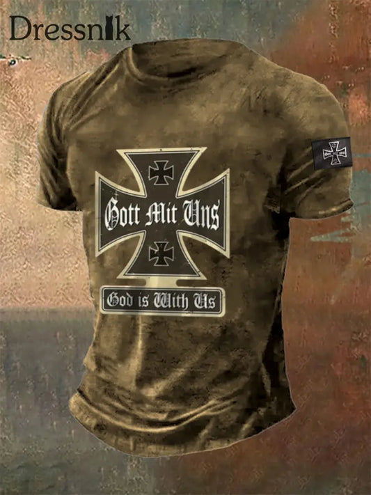 Herren Gott mit uns bedrucktes T-Shirt mit kurzen Ärmeln Braun / S