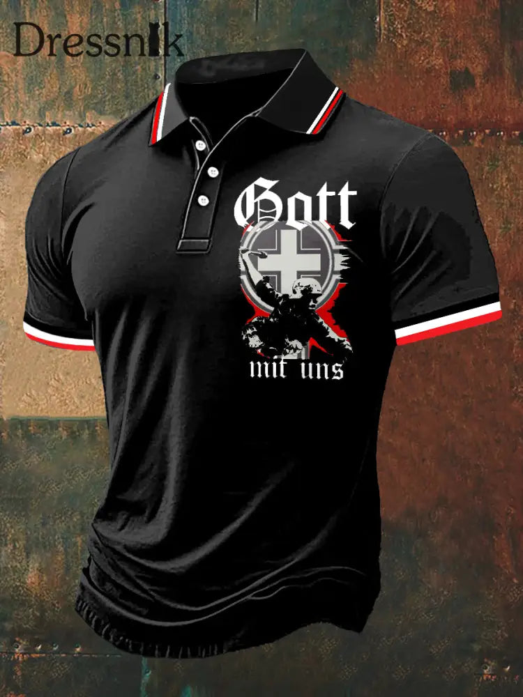 Herren Gott Mit Uns Print Polo Hals Kurzarm T-Shirt Schwarz / S