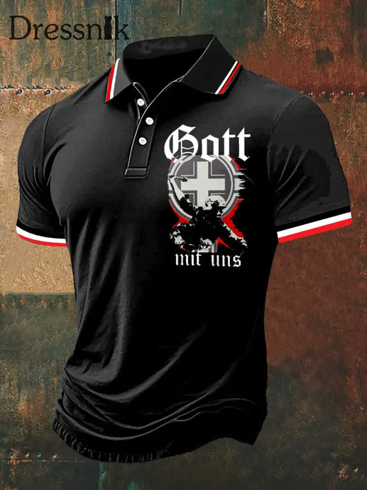 Herren Gott Mit Uns Print Polo Hals Kurzarm T-Shirt Schwarz / S