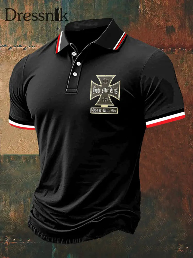 Herren Gott Mit Uns Print Polo Hals Kurzarm T-Shirt Schwarz / S