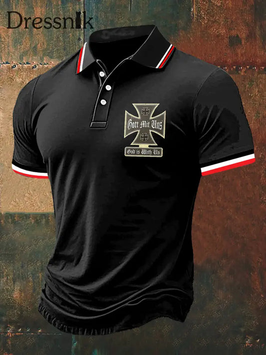 Herren Gott Mit Uns Print Polo Hals Kurzarm T-Shirt Schwarz / S
