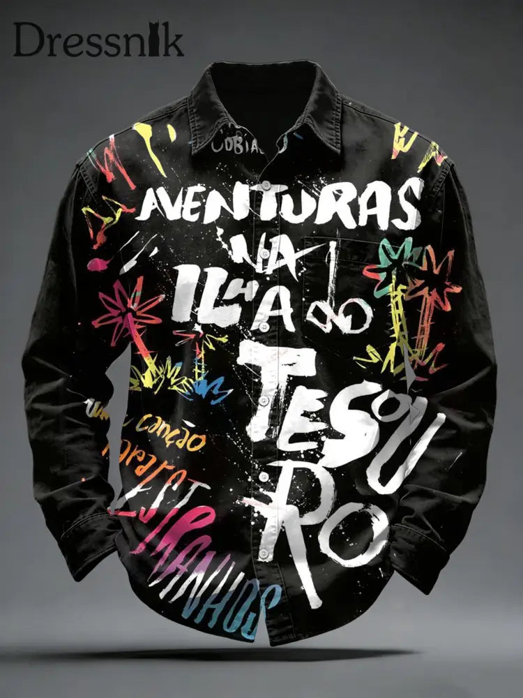 Herren Graffiti Print Schwarzes Hemd Schwarz / S