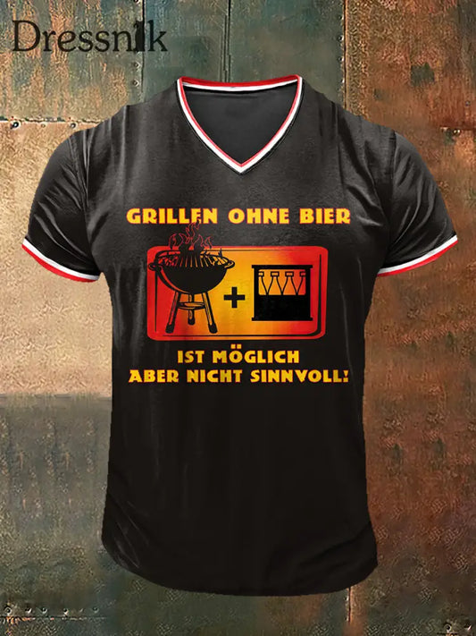 Herren Grillen Ohne Bier bedruckt Vintage Mode Kurzarm V-Ausschnitt T-Shirt Dunkelbraun / S