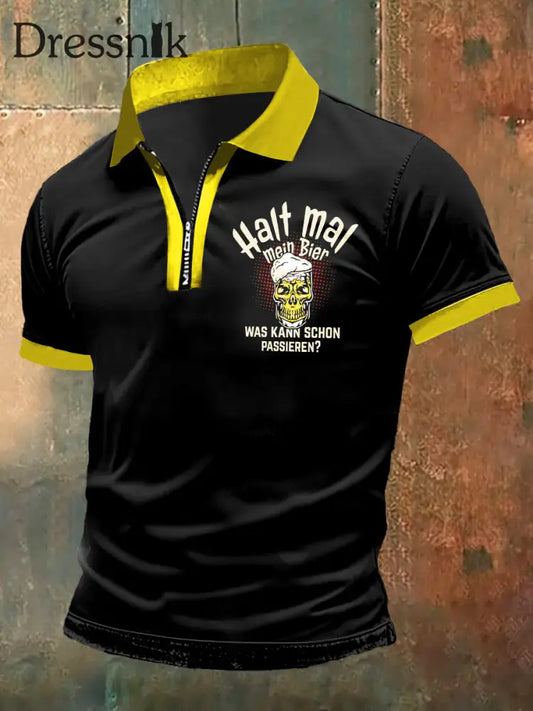 Herren-Half-Mai-Print-Kurzarm-T-Shirt mit Reiß verschluss Polo-Ausschnitt Schwarz / S