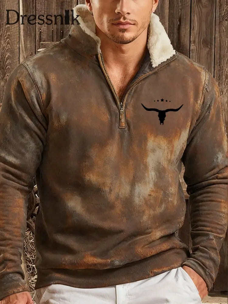 Herren Hoodie im Western-Stil mit Plüsch kragen Dunkelbraun / S