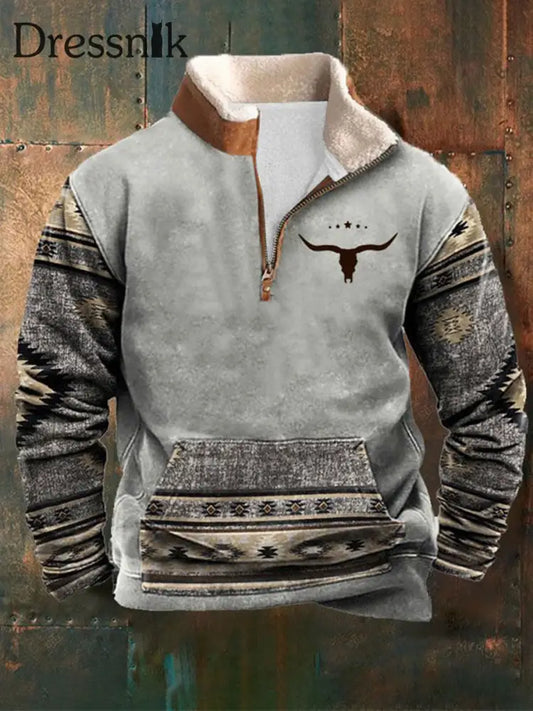 Herren Hoodie im Western-Stil mit Plüsch kragen Hellgrau / S