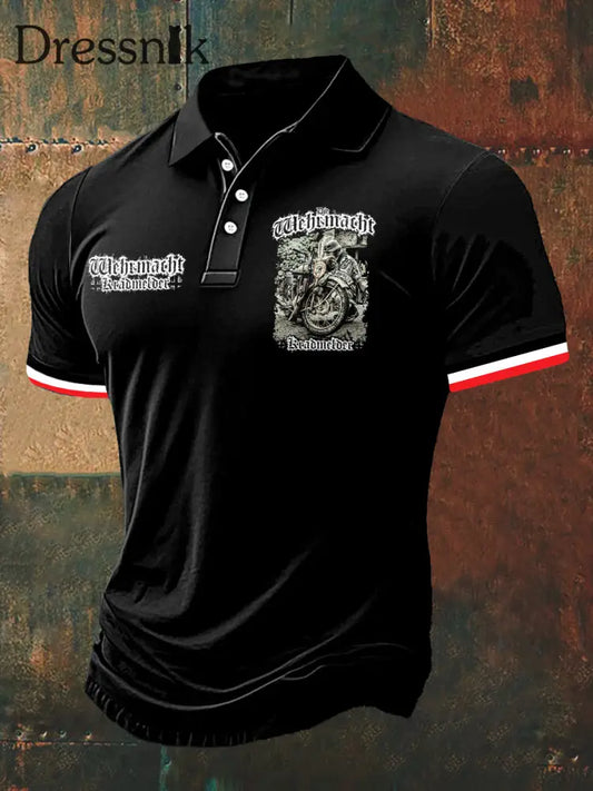 Herren Imperial Soldier Print Polo Hals Kurzarm T-Shirt Schwarz / S