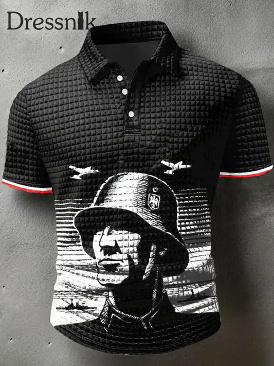 Herren Imperial Soldier Print Waffel Polo Hals Kurzarm T-Shirt Schwarz / S