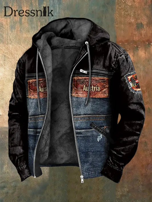 Herren-Jacke mit Fleece-Auskleidung aus österreichi schem Denim-Patchwork-Print mit Kapuze Schwarz / S