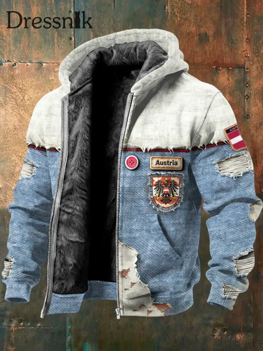 Herren-Jacke mit österreichi schem Denim-Print-Patchwork-Fleece-Auskleidung blau / S
