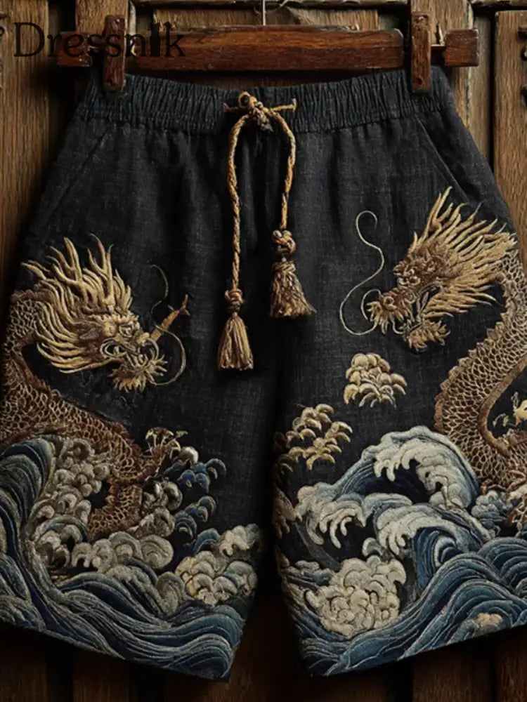 Herren Japanische Goldene Drachen & Seewellen Bestickte Leinen Shorts Schwarz / S