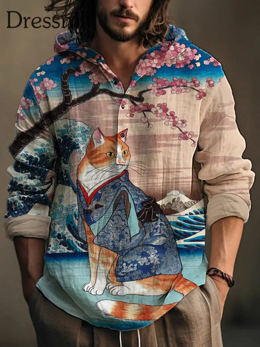 Herren Japanische Kunst Katze Bedrucktes Hemd als bild / S