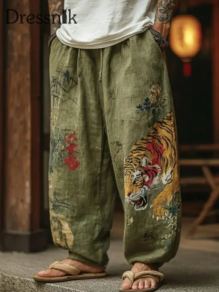 Herren Japanische Tiger muster Kunst Kontrast breite Bein Leinen hosen Grün / S