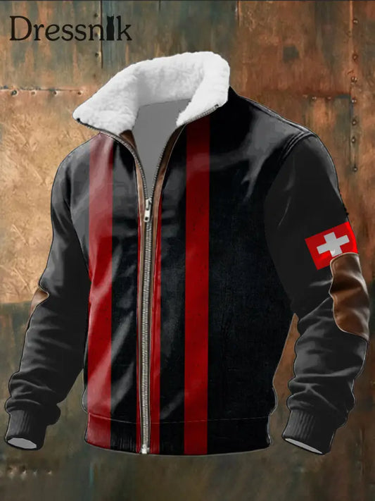 Herren-Kapuzen jacke mit Reiß verschluss rot Streifen mit Schweizer Kreuz druck mehrfarbig / S