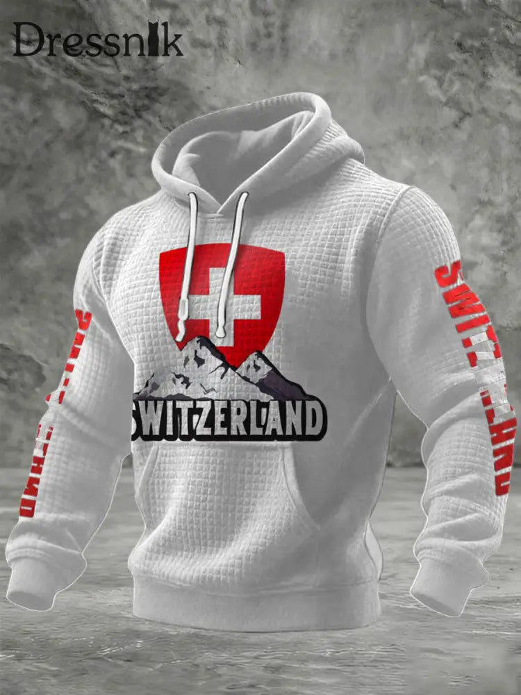 Herren-Kapuzen pullover mit knackiger weißer Schweizer Schild-und Berg druck mehrfarbig / S