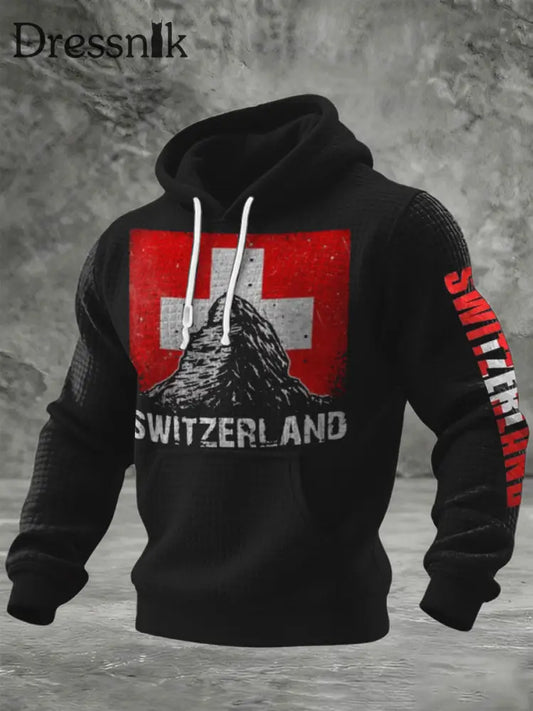 Herren-Kapuzen pullover mit Schweizer Flagge und Berg druck mehrfarbig / S