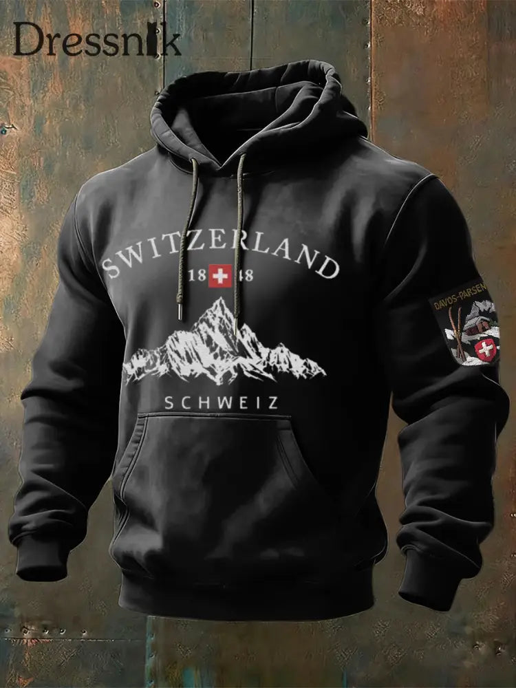 Herren klassischer schwarzer Schweizer Hoodie mit Berg druck ’1848’’ mehrfarbig / S