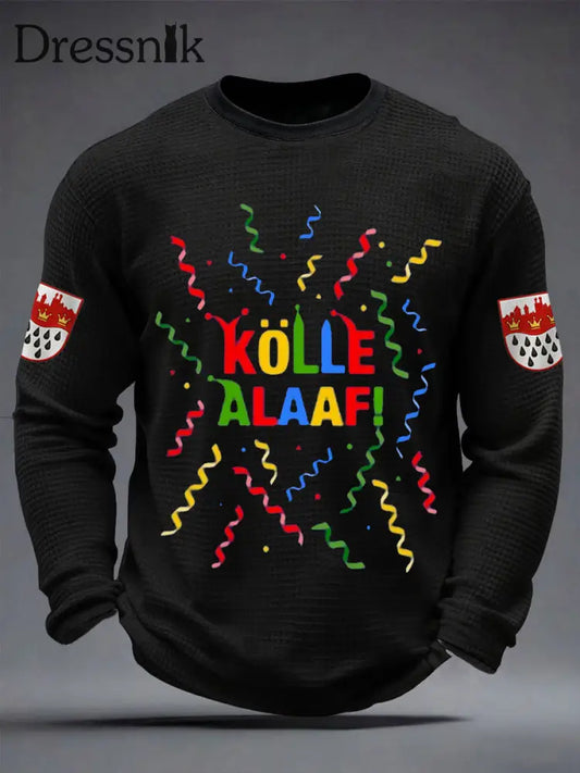 Herren Kölle Alaaf Print Lässiges Waffel-Langarm-T-Shirt Schwarz / S