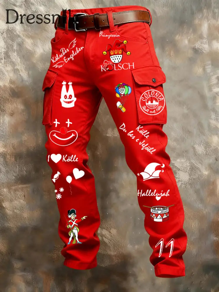 Herren Kölner Karnevals druck Retro Business Style Freizeit hose Rot / S