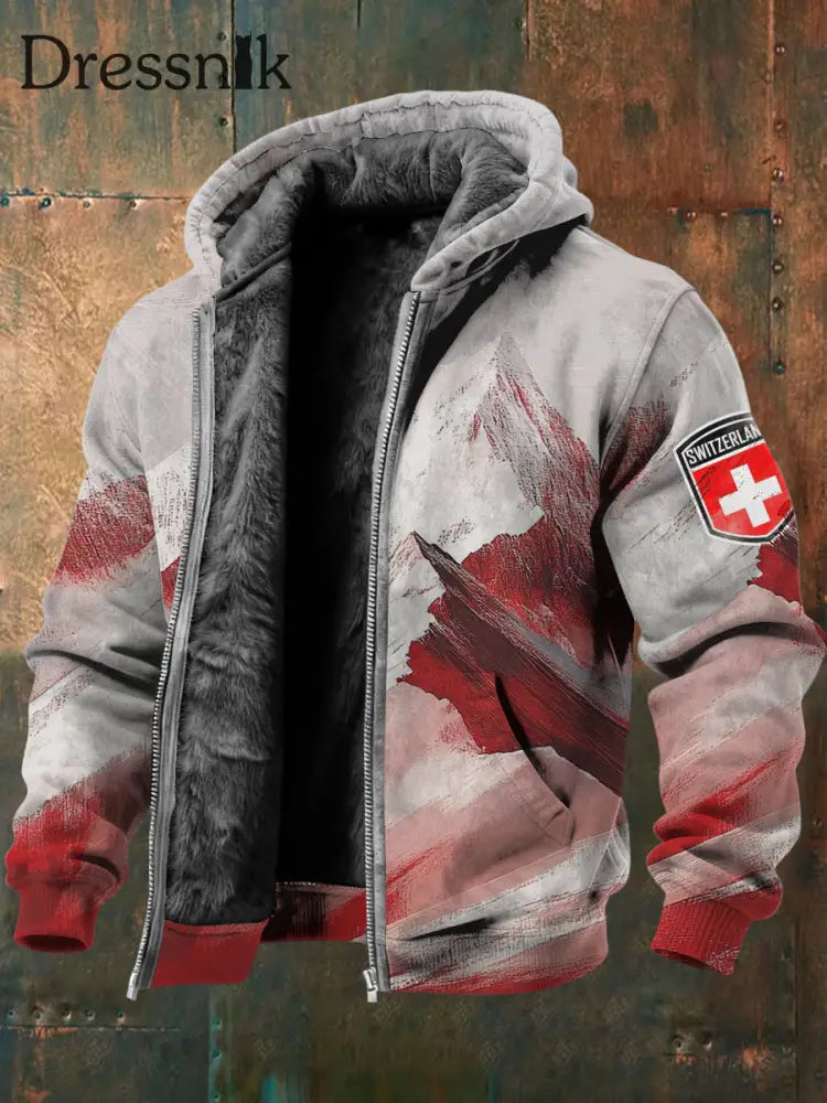 Herren Künstlerische Schweizer Mountain & Cross Print Fleece-Gelinierte Zip Jacke mehrfarbig / S