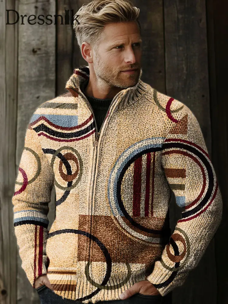 Herren Kunstdruck Reiß Verschluss Ständer Kragen Freizeit Strickjacke Langarm Pullover Jacke A / S