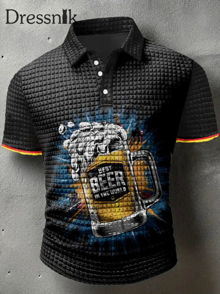 Herren-Kurzarm-T-Shirt mit Beer druck Waffel-Polo-Ausschnitt Schwarz / S