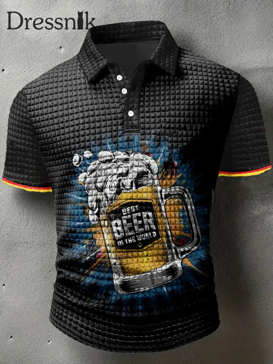 Herren-Kurzarm-T-Shirt mit Beer druck Waffel-Polo-Ausschnitt Schwarz / S