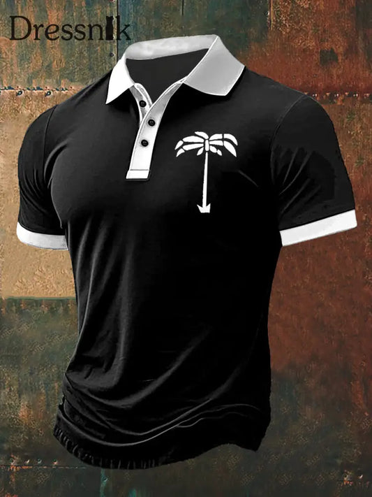 Herren-Kurzarm-T-Shirt mit Kokosnuss baum druck Polo-Ausschnitt Schwarz / S
