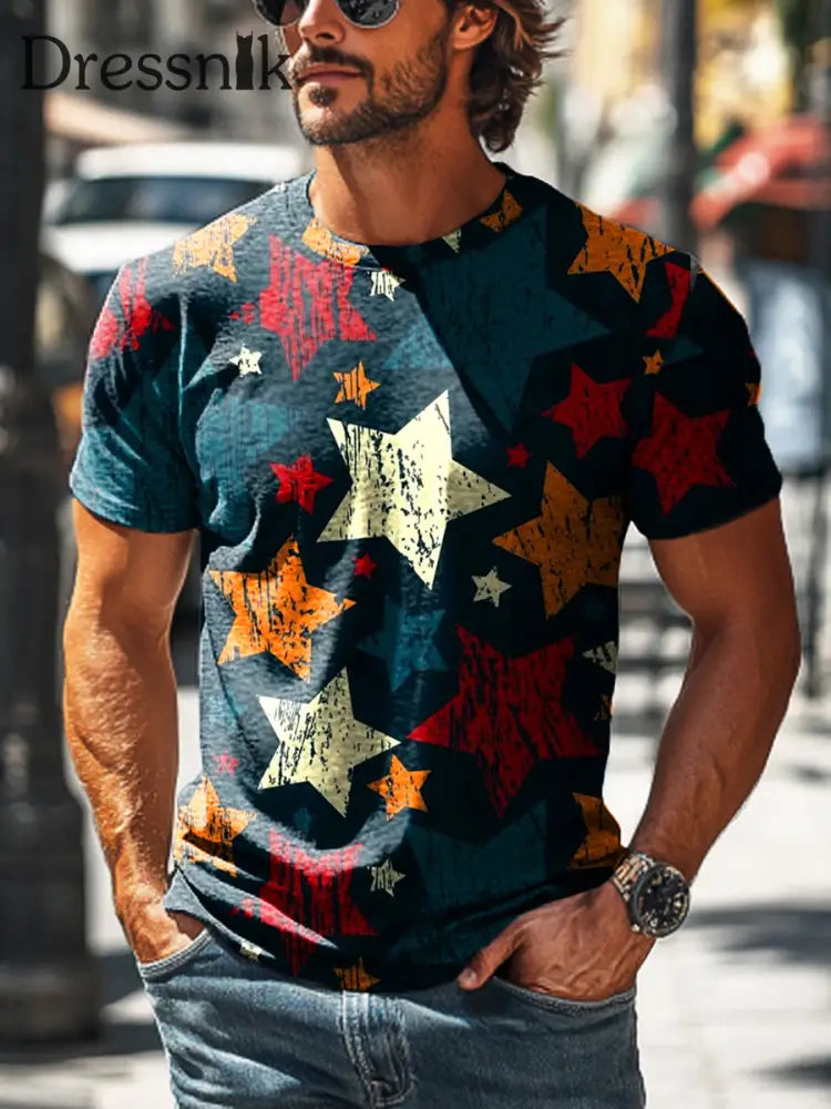 Herren-Kurzarm-T-Shirt mit Retro-Alter Stern bedruckt bunt / S